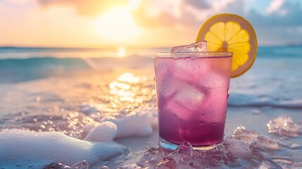 Wall Mural - A glass of ice-cold cocktail in pastel colors on a hot summer day at the beach. Refreshing iced cocktail to enjoy a relaxing moment by the sea.