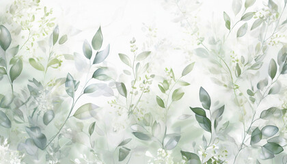 Wall Mural - Delicate watercolor botanical digital paper floral background in soft basic pastel green tones. Neutral elegant pattern of green watercolor leaves on white paper.