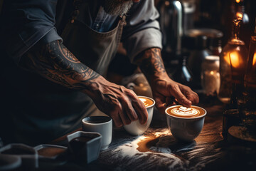 Poster - A barista creating latte art, illustrating skill and the culture of coffee. Generative Ai.