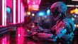 A neon robot cafe serves up steaming cups of coffee to its many robot and human patrons