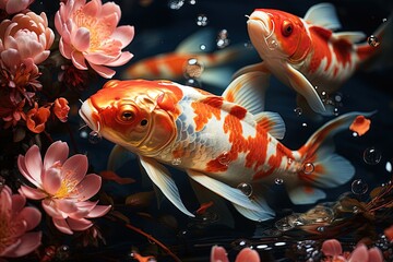 Koi fish in a pond with lotus flowers