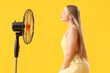 © Pixel-Shot - Young woman with electric fan on yellow background