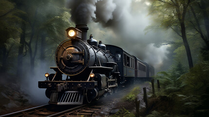 Wall Mural - an old vintage steam locomotive in a misty forest