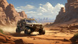 A rugged, all-terrain vehicle traversing a rocky desert landscape