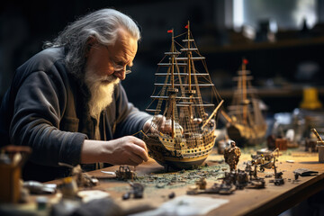 Poster - In a bustling workshop, a group of seniors crafts intricate model ships, showcasing the meticulous attention to detail and precision that comes with pursuing model-building. Generative Ai.