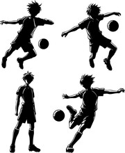 Soccer Player, Character Set In Poses, Anime Style Vector Isolated Illustration