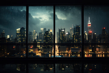 Wall Mural - A rain-soaked cityscape glistens through the window, offering a cinematic view of urban life seen through the prism of water-slicked glass. Concept of rainy urban enchantment. Generative Ai.