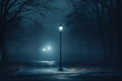 A lone lamppost stands tall in the evening mist, its soft light creating an ethereal atmosphere that evokes a sense of mystery and nostalgia. Concept of nocturnal solitude. Generative Ai.