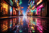 Fototapeta Londyn - Neon signs flicker and reflect off rain-soaked pavement, transforming a city street into a vibrant and dynamic kaleidoscope of colors. Concept of urban nightlife. Generative Ai.