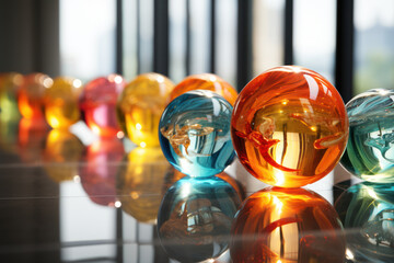 Poster - A contemporary art installation features suspended glass orbs, each containing a unique element that symbolizes diverse perspectives coming together in a harmonious display.  Generative Ai.