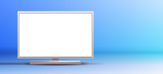 Poster - tv or computer monitor with empty white screen on blue background