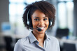 Portrait of smiling Afro American woman customer service representative working. Call center operator at office. AI