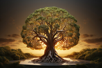 Poster - a tree with roots and branches in the shape of brain hemispheres, illustrating the growth of ideas. 