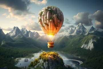 Poster - A hot air balloon in the shape of a light bulb, soaring over a landscape of books, representing the elevation of ideas through knowledge. Concept of knowledge-driven creativity. Generative Ai.