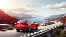 A New Red Car Driving On Highway In Mountains, Winding Road Near The Ocean, Banner Composition. 3D Rendering