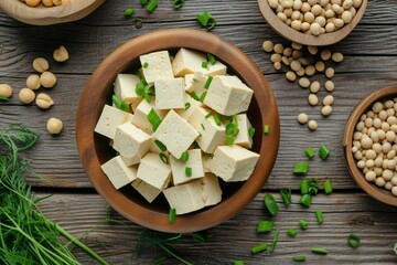 Canvas Print - Soy bean curd tofu a non dairy cheese substitute in a wooden bowl on a kitchen table