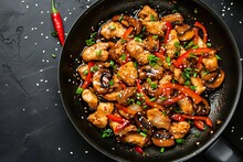 Asian Stir Fried Chicken With Paprika Mushrooms Chives And Sesame Seeds On A Black Kitchen Table Viewed From The Top