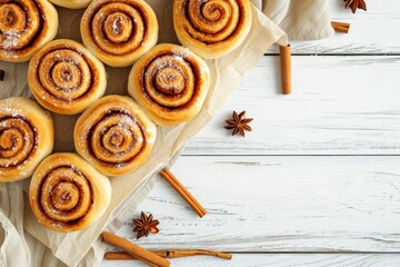 Poster - Top view of a homemade cinnamon roll pastry on a white wooden backdrop