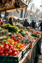 Farmers Market Stall On A Sunny Day With Tomatoes, Onions And Greens