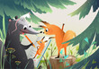 Animals drawing a picture in the forest, skunk draws a portrait for a funny squirrel. Art and craft school in nature, story for kids. Isolated storytelling pages for children. Vector illustration.