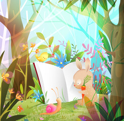 Wall Mural - Bunny reading or studying a book in forest, animal school for art and craft or writing in journal. Cute storytelling animal cartoon for kids education. Vector animals in forest illustration.