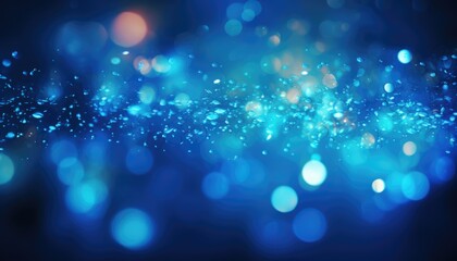 Neon Blue Light With Gold Particles on Abstract Sparkles Bokeh Background.