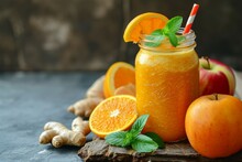 Refreshing Cocktail Made Of Orange Apple And Ginger In A Glass Jar A Healthy Vitamin Drink