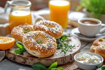 Wall Mural - Freshly made bagels with cream cheese and herbs atop a breakfast table accompanied by refreshing orange juice and coffee nearby