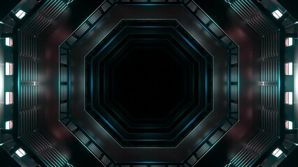 Poster - Flight in neon lights cyber data hexagonal tunnel. Design. Dark mysterious corridor.