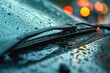 Car windshield with rain drops and frameless wiper blade closeup. ai generative
