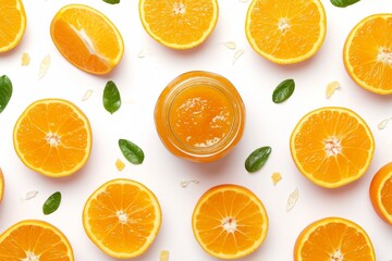 Wall Mural - Top view of orange fruit jam isolated on a white background Collection of orange or mandarin spread in a flat lay pattern