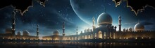 Domed Mosque At Night With Moonlight, Background Illustration Copy Space Islamic Holidays And The Month Of Ramadan.	