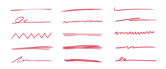 Poster - Pen underline line stroke, red marker scribble. Hand drawn mark, brush drawn curve, doodle sketch vector. Red pen text underline, handwritten doodle elements, lettering emphasis. Vector illustration