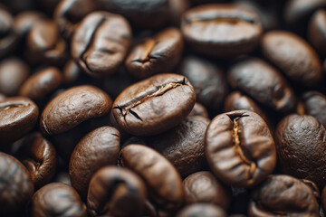 Coffee beans close up. Background with selective focus and copy space