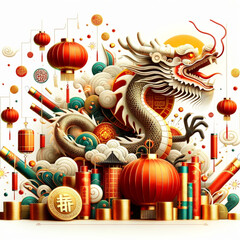 Wall Mural - A celebrating the Chinese New Year, 3d style featuring traditional symbols dragon and elements, white background. style double exposure on white background.