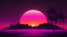 80s Retro Futuristic Sci-fi Background. Retrowave VJ Videogame Landscape With Neon Lights And Low Poly Terrain Grid. Stylized Vintage Cyberpunk Vaporwave 3D Render With Mountains, Sun And Stars. 4K