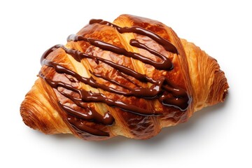 Sticker - Top view of a croissant with chocolate sauce freshly baked and isolated on white