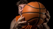 A Man Holding A Basketball Ball With His Mouth Open. Generative AI.