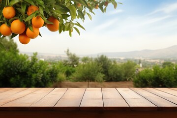 Wall Mural - Wooden table with empty space above orange trees and field background Used for product display montage