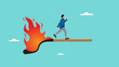 businessman running away from fire burning match sticks vector illustration with flat design style suitable to describe about economic recession, investment asset fall down, decline concept