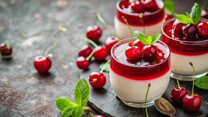 Canvas Print - Italian homemade dessert panna cotta with cherry jelly on a rustic table