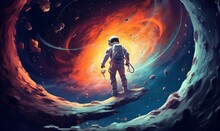Astronaut explores an alien planet. Starman in space. Colorful abstract astronomy, Generative AI 