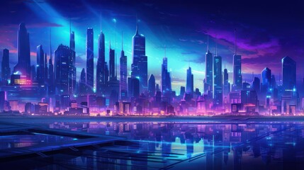 Poster - Fictional illustration of an advanced future smart city view, with skyscrapers, purplish blue light