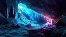 A Mysterious Ice Cave Lit Up By Glowing Neon Stalactites And Stalagmites Creating A Dreamy Atmosphere