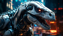 Combine Dinosaur Features With Cybernetic Enhancements Like Robotic Limbs Glowing Eyes And Futuristic Armor