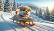 A cute dog sledding down a snowy slope - Generative AI
