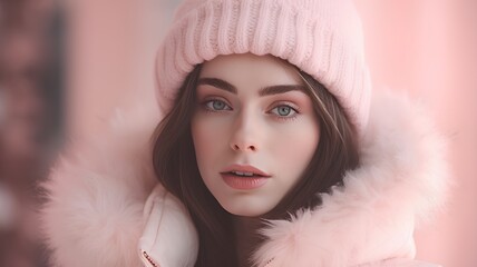 Wall Mural - Portrait of a beautiful girl in a pink hat and fur coat