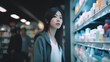 Beautiful asian woman shopping in drugstore, lifestyle people concept
