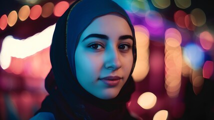 Portrait of a beautiful young muslim woman wearing hijab looking at camera.