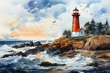 Watercolor Red And White Lighthouse In The Ocean With Great Waves And Blue Sky ,Original Oil Painting Of Lighthouse And Storm In Ocean On Canvas.